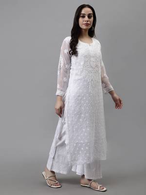 hand embroidered white georgette lucknowi chikan kurta with slip 4