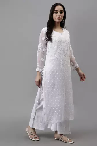 hand embroidered white georgette lucknowi chikan kurta with slip