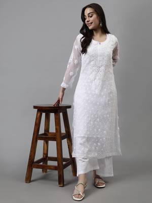 hand embroidered white georgette lucknowi chikan kurta with slip 5