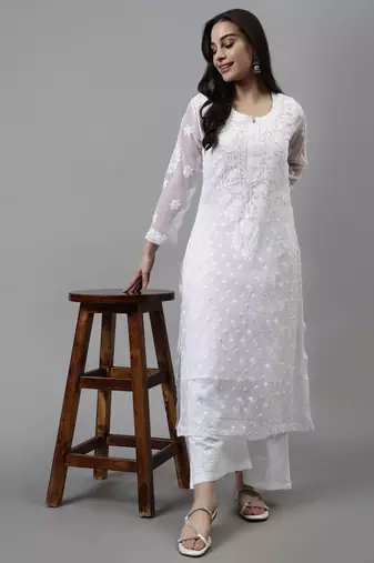 hand embroidered white georgette lucknowi chikan kurta with slip