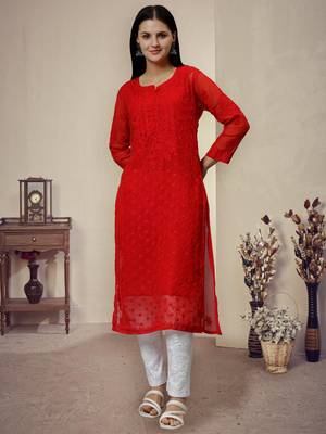 hand embroidered red georgette lucknowi chikan kurta with slip 1