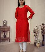 hand embroidered red georgette lucknowi chikan kurta with slip