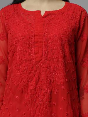 hand embroidered red georgette lucknowi chikan kurta with slip 2