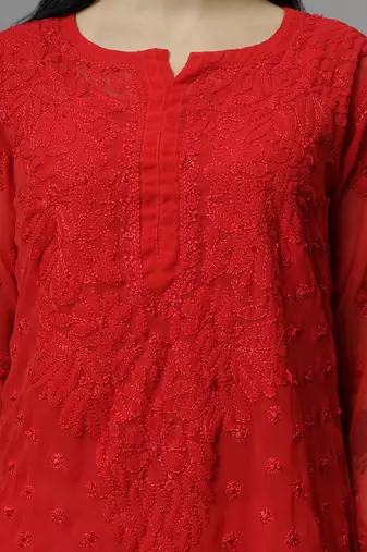 hand embroidered red georgette lucknowi chikan kurta with slip