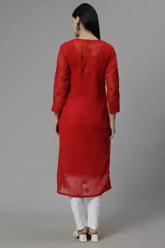 hand embroidered red georgette lucknowi chikan kurta with slip