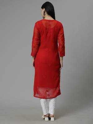 hand embroidered red georgette lucknowi chikan kurta with slip 4