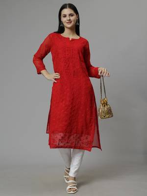hand embroidered red georgette lucknowi chikan kurta with slip 5