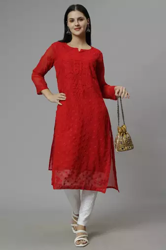 hand embroidered red georgette lucknowi chikan kurta with slip