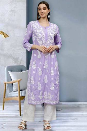Seva chikan hand embroidered mauve muslin lucknowi chikan kurta