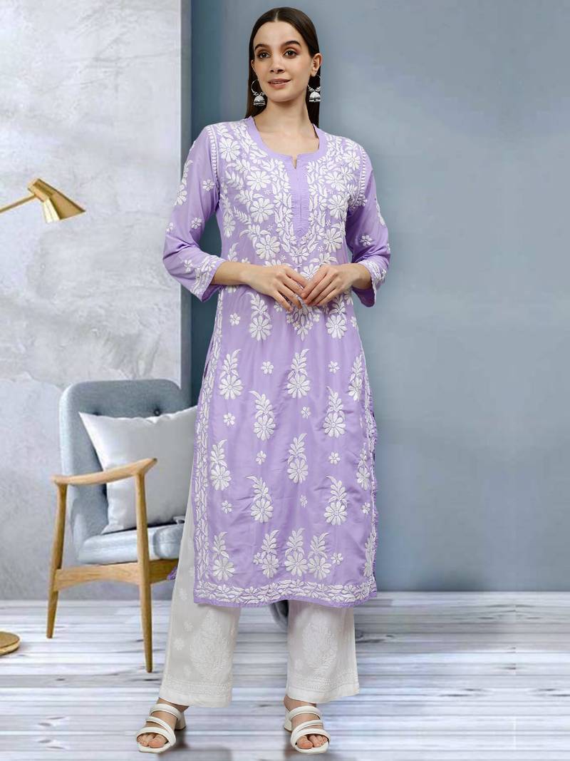 Seva chikan hand embroidered mauve muslin lucknowi chikan kurta