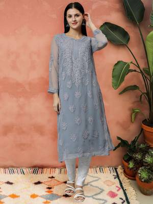 hand embroidered grey georgette lucknowi chikan kurta with slip 1