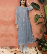 hand embroidered grey georgette lucknowi chikan kurta with slip