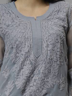 hand embroidered grey georgette lucknowi chikan kurta with slip 2