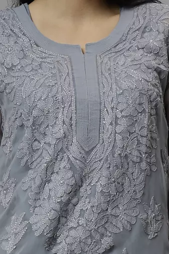 hand embroidered grey georgette lucknowi chikan kurta with slip