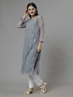 hand embroidered grey georgette lucknowi chikan kurta with slip 3