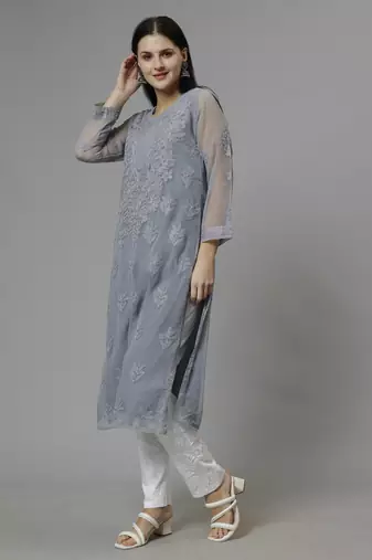 hand embroidered grey georgette lucknowi chikan kurta with slip