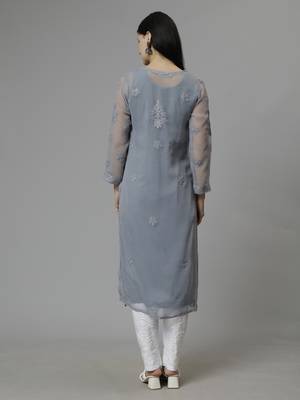 hand embroidered grey georgette lucknowi chikan kurta with slip 4