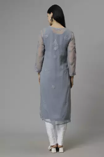 hand embroidered grey georgette lucknowi chikan kurta with slip