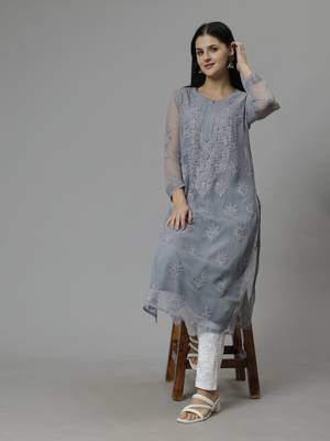 hand embroidered grey georgette lucknowi chikan kurta with slip 5