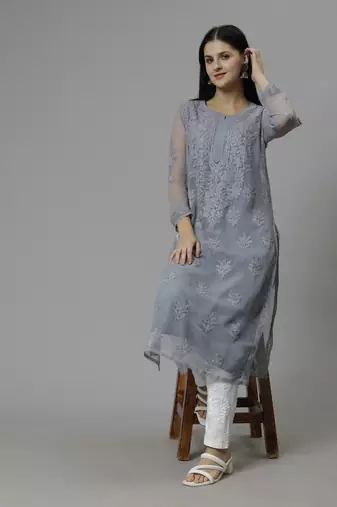 hand embroidered grey georgette lucknowi chikan kurta with slip