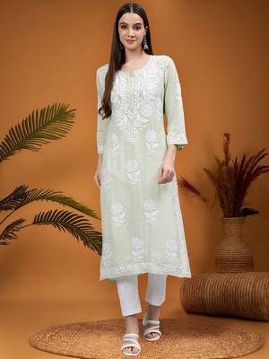 hand embroidered light pista green modal lucknowi chikan kurta 1