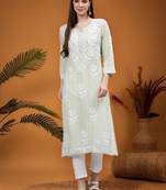 hand embroidered light pista green modal lucknowi chikan kurta