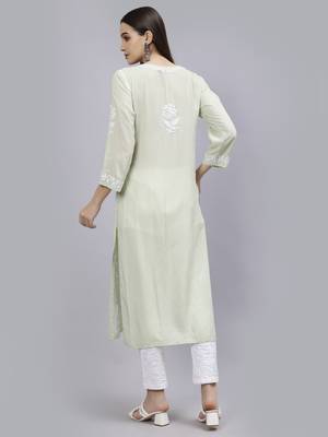 hand embroidered light pista green modal lucknowi chikan kurta 2