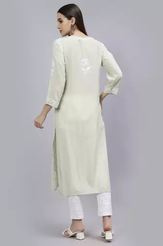 hand embroidered light pista green modal lucknowi chikan kurta