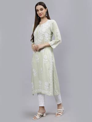 hand embroidered light pista green modal lucknowi chikan kurta 3
