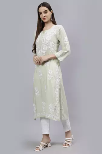 hand embroidered light pista green modal lucknowi chikan kurta