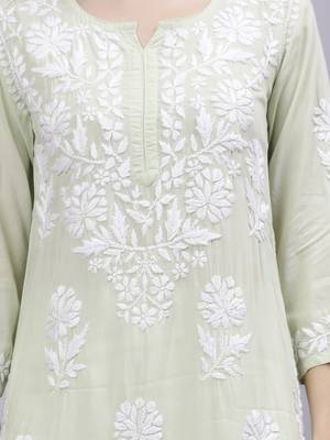 hand embroidered light pista green modal lucknowi chikan kurta 4