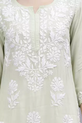 hand embroidered light pista green modal lucknowi chikan kurta