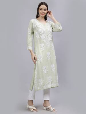 hand embroidered light pista green modal lucknowi chikan kurta 5