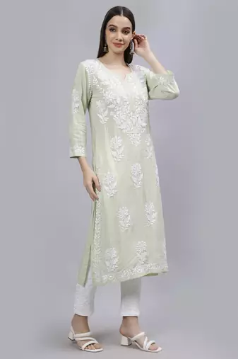 hand embroidered light pista green modal lucknowi chikan kurta