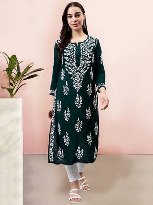 hand embroidered dark green modal lucknowi chikan kurta 1