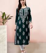 hand embroidered dark green modal lucknowi chikan kurta