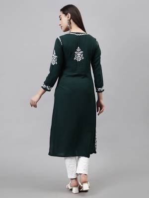hand embroidered dark green modal lucknowi chikan kurta 2