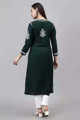 hand embroidered dark green modal lucknowi chikan kurta