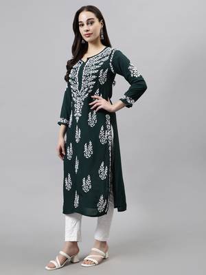 hand embroidered dark green modal lucknowi chikan kurta 3