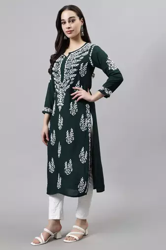 hand embroidered dark green modal lucknowi chikan kurta