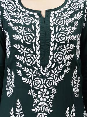 hand embroidered dark green modal lucknowi chikan kurta 4