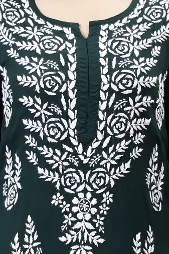 hand embroidered dark green modal lucknowi chikan kurta
