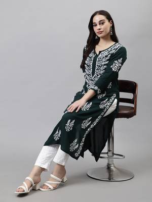 hand embroidered dark green modal lucknowi chikan kurta 5