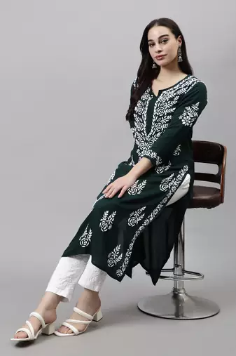 hand embroidered dark green modal lucknowi chikan kurta