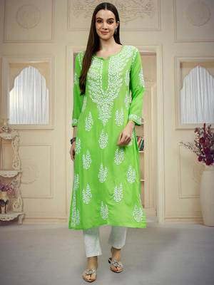 hand embroidered parrot green modal lucknowi chikan kurta 1