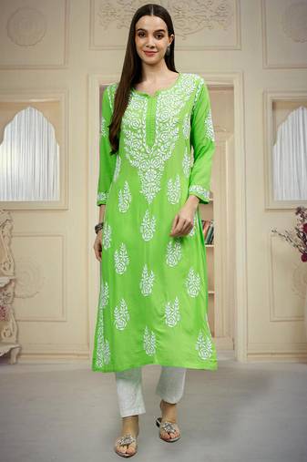 hand embroidered parrot green modal lucknowi chikan kurta