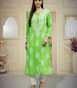 hand embroidered parrot green modal lucknowi chikan kurta