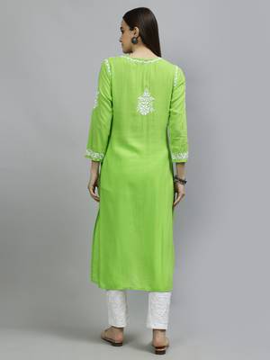 hand embroidered parrot green modal lucknowi chikan kurta 2