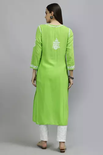 hand embroidered parrot green modal lucknowi chikan kurta
