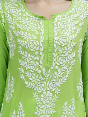 hand embroidered parrot green modal lucknowi chikan kurta 3